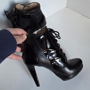 Neiman Marcus Glossy Black Lace-Up Heeled Boots